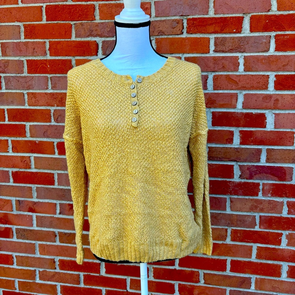 Olive & Oak Medium Crochet Knit Long Sleeve Yellow Henley Womens Small